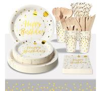 PYAILI Vaisselle Anniversaire Or Blanc, 24 invités Vaisselle de fête Assiette en Papier Gobelet en Papier Pour les Fêtes, Mariages, Fêtes de Remise des Diplômes, Assiettes de Fête