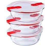 Pyrex Cook & Heat - Lot de 3 Boites Rondes Identiques - 1L - Verre Borosilicate - LunchBox - Couvercle Hérmétique spécial Micro-Onde - Made in France