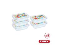 PYREX Cook & Go - Lot de 5 LunchBox Rectangulaires - 0,8L - Verre Borosilicate - Compatible four, micro-ondes et lave-vaisselle - Made in France (Couvercle Multicolore)