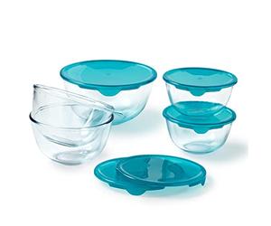 PYREX - Lot de 5 Bols/Saladiers avec Couvercles - 2x0,5L + 2x1L + 1x2L - Verre Borosilicate - Extrême Résistance - Compatible Lave-Vaisselle - Made in France