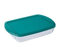 Pyrex - Plat à Four 40x27- Plat en Verre avec Couvercle Rectangulaire Vert - Profond et Empilable avec Poignées Pratiques 2 en 1 - Verre Borosilicate - Ustensile de Cuisine - Fontaines avec Poignées