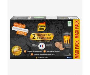 Pyro Feu Lot de 2 Bûches de Ramonage de 1,1 kg - Entretien des Conduits de Cheminée, Poêle à Bois et Insert - Action Catalytique sur Les Dépôts de Suie, Calcin, Goudron et Bistre