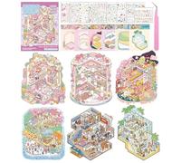 PYRUVAE Livre de Stickers 3D Kawaii pour Enfants - Carnet Autocollant Scène Miniature Kit Scrapbooking avec Pince, Cadeau Créatif pour Filles, 19,5x25,5 cm (6 Thèmes)