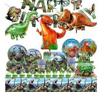 PYTRARTY 73 Pièces Vaisselle Dinosauro Anniversaire，Décoration Dinosauro Anniversaire，Nappe,Assiettes en Carton，Convient pour 10 personnes