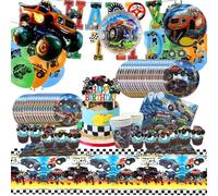 PYTRARTY Vaisselle Truk Anniversaire pour 10 personnes | Décoration Monster Truk Anniversaire, Nappe, Assiettes en Carton