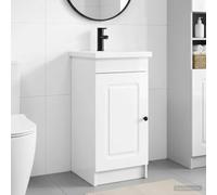 Pyvara Armoire de salle de bain avec lavabo blanc brillant en bois 42 x 40 x 84,5 cm avec espace de rangement et poignées à boutons en métal, meuble de salle de bain pour toilettes invités, buanderie