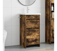 Pyvara Armoire de salle de bain avec lavabo, chêne fumé, 42 x 40 x 84,5 cm, espace de rangement, tiroir, porte, commode pour invités, toilettes, buanderie, ordre et rangement