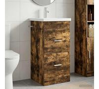 Pyvara Armoire de salle de bain avec lavabo en bois de chêne fumé, 42 x 40 x 84,5 cm, avec 2 tiroirs et beaucoup d'espace de rangement, lavabo moderne pour salle de bain, WC d'invités, buanderie