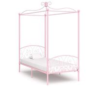 Pyvara Cadre de lit à baldaquin en métal rose 90 x 200 cm avec sommier à lattes, cadre de lit simple stable pour chambre à coucher, adapté pour matelas, avec cadre de rideau, design moderne, lit en