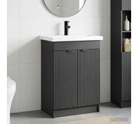 Pyvara Ensemble de meubles de salle de bain noir en bois 56 x 37,5 x 81 cm avec lavabo et robinet, espace de rangement, étagère et tiroir pour salle de bain, WC d'invités et organisateur de lavabo