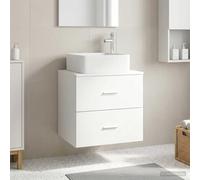 Pyvara Lavabo mural blanc en bois 53 x 34,5 x 63 cm avec 2 tiroirs étagère et poignées argentées pour salle de bain invités WC espace de rangement et buanderie