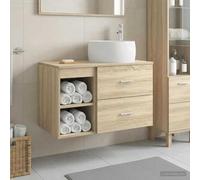 Pyvara Lot de 2 meubles de salle de bain en chêne Sonoma avec lavabo et armoire, montage mural, beaucoup d'espace de rangement, commode moderne avec tiroir, étagère et étagère pour salle de bain et WC