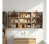Pyvara Lot de 3 armoires de salle de bain en bois avec miroir LED, 100 x 10,5 x 50 cm, montage mural, espace de rangement avec étagères, design moderne pour salle de bain, WC d'invités, buanderie