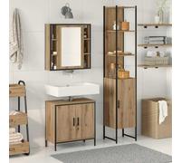 Pyvara Lot de 3 meubles de salle de bain - En bois - Marron - 33 x 33 x 185,5 cm - Avec miroir, espace de rangement, étagères et montage mural - Pour salle de bain, WC d'invités, buanderie