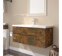 Pyvara Meuble de lavabo avec lavabo encastré, chêne fumé, 100 x 38,5 x 45 cm, armoire de salle de bain avec tiroir, espace de rangement, montage mural pour toilettes d'invités et buanderie