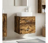 Pyvara Meuble de lavabo mural en chêne fumé 53 x 34,5 x 63 cm avec étagère, tiroir, espace de rangement et poignées argentées pour salle de bain, toilettes, invités