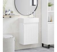 Pyvara Meuble de salle de bain blanc avec lavabo en céramique, robinet et espace de rangement, montage mural, installation de porte réversible, 45,5 x 25,5 x 84 cm, meuble de salle de bain moderne