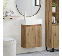 Pyvara Meuble de salle de bain en chêne Artisan avec lavabo en céramique et mitigeur argenté, 45,5 x 22,5 x 84 cm, montage mural, beaucoup d'espace de rangement, porte réversible