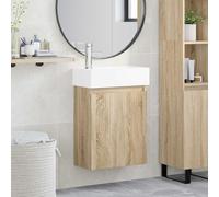 Pyvara Meuble sous lavabo de salle de bain en chêne Sonoma avec lavabo et robinet mitigeur, montage mural, espace de rangement avec étagère, commode pour salle de bain, WC d'invités, buanderie, porte