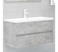 Pyvara Meuble sous lavabo gris béton en bois avec bac encastrable en céramique 91 x 39 x 18 cm, 1 tiroir, bonde push-open, robinet inclus