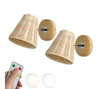 PZAOJAU Applique murale Boho à piles rechargeables en rotin et osier - Ensemble de 2 appliques murales à distance USB à intensité variable - Lampe murale sans fil pour enfants, chambre à coucher, ferm