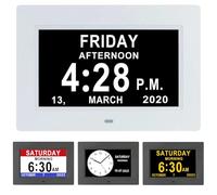 PZCC 7 Pouces LCD Horloge Numérique avec Calendrier, Date, Jour et Heure Auto-Dimming 8 Langues HD Display Rappel pour Alzheimer, Personnes Âgées et Enfants (Blanc)