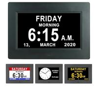 PZCC 7 Pouces LCD Horloge Numérique avec Calendrier, Date, Jour et Heure Auto-Dimming 8 Langues HD Display Rappel pour Alzheimer, Personnes Âgées et Enfants (Noir)
