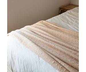 QABANE - Chemin De Lit Étole Aspect Mohair À Pois - Polyester - Tissage À Pois avec Franges - Usage Polyvalent Plaid Étole Chemin De Lit - 75 x 190 cm - Beige