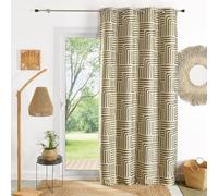 QABANE - Rideau à Oeillets Tamisant Jacquard - Polyester Coton Lin - Motif Géométrique - 8 Oeillets Canon de Fusil - Tissu Filtrant et Intimité Préservée - 140 x 260 cm - Kaki
