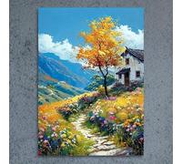 Qcdxfgdfh Tableau mural représentant un chalet de montagne avec des fleurs sauvages et un arbre doré d'automne, impression sur toile (80x120cm/cadre intérieur)