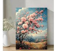 Qcdxfgdfh Tableau mural représentant un paysage de pivoines roses pastel, un ciel bleu et des fleurs sauvages sur toile (30 x 40 cm/cadre intérieur)