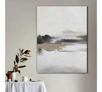 Qcdxfgdfh Tableau mural représentant un paysage de rivière brumeuse à l'encre gris neutre, peinture minimaliste sur toile au couteau à palette au bord d'un lac (70x100cm/cadre intérieur)