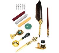 Qcwwy Ensemble de Stylos à Plume Rétro Européens, 5 Plumes de Rechange en Acier Inoxydable avec Laque de Feu, Cachet de Cire, Coffret Cadeau pour L'écriture (SP273931R gris doré saupoudré (plume