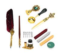 Qcwwy Ensemble de Stylos à Plume Rétro Européens, 5 Plumes de Rechange en Acier Inoxydable avec Laque de Feu, Cachet de Cire, Coffret Cadeau pour L'écriture (SP273906R rouge vin doré (plume d'oie à