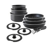QDESIGN Batterie de cuisine 11 pcs - casseroles+poêles+couvercles+poignées amovibles Aluminium anti-adhésif sans PFOA - tous feux dont induction- Compatible four lave-vaiselle frigo - Bleu, Empilables