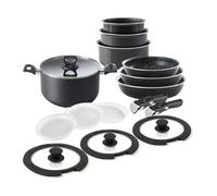 QDESIGN Batterie de cuisine 16 pcs - casseroles + poêles + marmite + couvercles hermétiques + poignées amovibles | Aluminium antiadhésif tous feux/induction,Compatible lave-vaiselle, Noir - Empilables