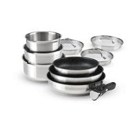 Qdesign - Batterie de Cuisine à Induction 10 Pièces - Set de 3 Casseroles, 3 Poêles Anti-Adhésives, 3 Couvercles et Poignée Amovible - Acier Inoxydable - Tout Feu - Argenté/Noir