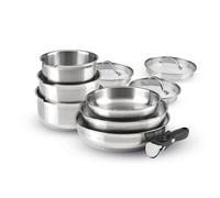 Qdesign - Batterie de Cuisine à Induction 10 Pièces - Set de 3 Casseroles, 3 Poêles et 3 Couvercles Passoires avec Poignée Amovible - Acier Inoxydable - Lot pour Tout Feu - Argenté