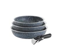 QDESIGN Lot de 3 poêles en Aluminium anti-adhésif sans PFOA avec poignée amovible - tous feux dont induction - Compatible four lave-vaiselle et frigo - Gris marbre, Empilables 20/24/28 cm