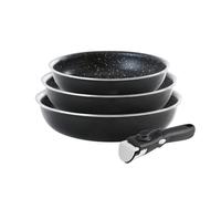 QDESIGN Lot de 3 poêles en Aluminium anti-adhésif sans PFOA avec poignée amovible - tous feux dont induction - Compatible four lave-vaiselle et frigo - Noir, Empilables 20/24/28 cm