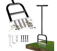 Qdreclod Aérateur de Gazon Manuel en Acier Inoxydable - Core de Pelouse Scarificateur à 4 Dents, Aérateur de Pelouse pour Jardin, Terrain de Sport et Espaces Verts
