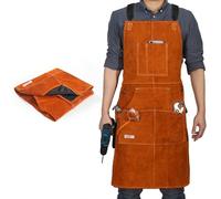 QeeLink Tablier de Travail Cuir avec 6 Poches, Tablier de Soudure Robuste | Résistant à la Chaleur, 61 cm x 91 cm, Réglable de Taille M à XXL