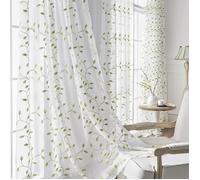 Qelus Rideau Voile Blanc Broderie Feuille Verte 140x245cm Lot de 2 Salon Chambre