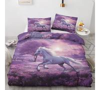 QEODAH Housse de Couette 200x200 Cheval Blanc - Parure de Lit 2 Personnes Motif Violet Lavande, Ensemble de Literie Imprimée en Microfibre Douce avec Fermeture éclair, 2 taies d'oreiller 65x65 cm