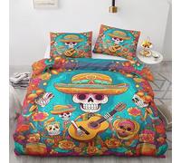 QEODAH Housse de Couette 220x240 Tete de Mort Mexicaine - Parure de Lit 2 Personnes Jour des Morts, Ensemble de Literie en Microfibre Douce avec Fermeture éclair, 2 taies d'oreiller 65x65 cm