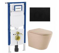 QeramiQ Dely Ensemble WC - 36.3x51.7cm - chasse profonde - sans bride - réservoir encastré Geberit UP720 - abattant WC à fermeture douce - 35mm - plaque de commande en plastique noir mat - boutons ron