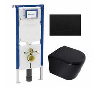 QeramiQ Dely Ensemble WC - 36.3x51.7cm - chasse profonde - sans bride - réservoir encastré Geberit UP720 - abattant WC à fermeture amortie - 35mm - plaque de commande en plastique noir mat - boutons r