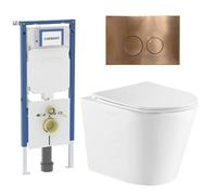 QeramiQ Dely Ensemble WC - 36.3x51.7cm - cuvette à fond creux - sans bride - réservoir encastré Geberit UP720 - abattant WC à fermeture amortie - plaque de commande cuivrée - boutons ronds - avec cadr