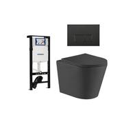 QeramiQ Dely Ensemble WC - 36.3x51.7cm - cuvette profonde - rimless - Réservoir encastré avec mécanisme de chasse Geberit UP320 - abattant WC à fermeture douce - plaque de commande noire mate - bouton