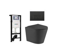 QeramiQ Dely Ensemble WC - 36.3x51.7cm - cuvette profonde - rimless - Réservoir encastré avec mécanisme de chasse Geberit UP320 - abattant WC à fermeture douce - plaque de commande noire mate - bouton